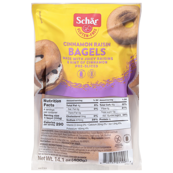 Breakfast Bakery Schär Bagels, Gluten-Free, Cinnamon Raisin, Pre-Sliced hero