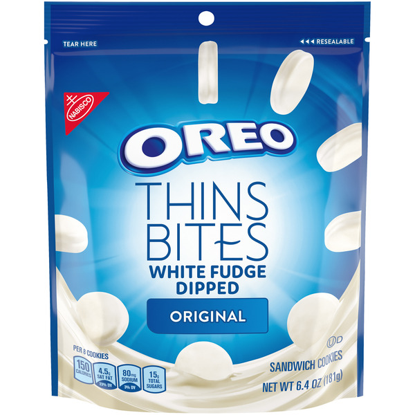 Cookies & Cakes Oreo Thins Bites White Fudge Dipped Chocolate Sandwich Cookies, Original Flavor, 1 Resealable Pack hero