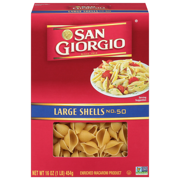 Dry Pasta San Giorgio Elbow Macaroni, Large Shells, No. 50 hero