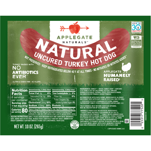 Hot Dogs, Bacon & Sausage Applegate Naturals  Natural Uncured Turkey Hot Dog hero