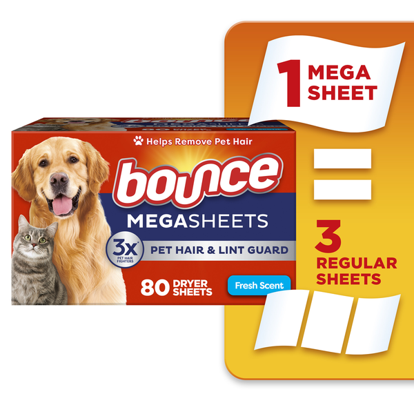 Laundry Bounce Pet Hair and Lint Guard Mega Dryer Sheets with 3X Pet Hair Fighters, Fresh Scent hero