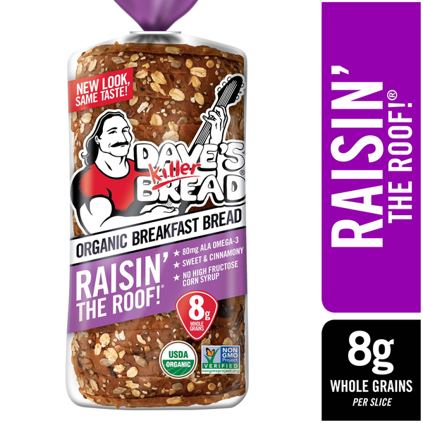 Conventional Breads (Grocery) Dave's Killer Bread Raisin' the Roof!, Cinnamon Raisin Organic Breakfast Bread, 18 oz Loaf hero