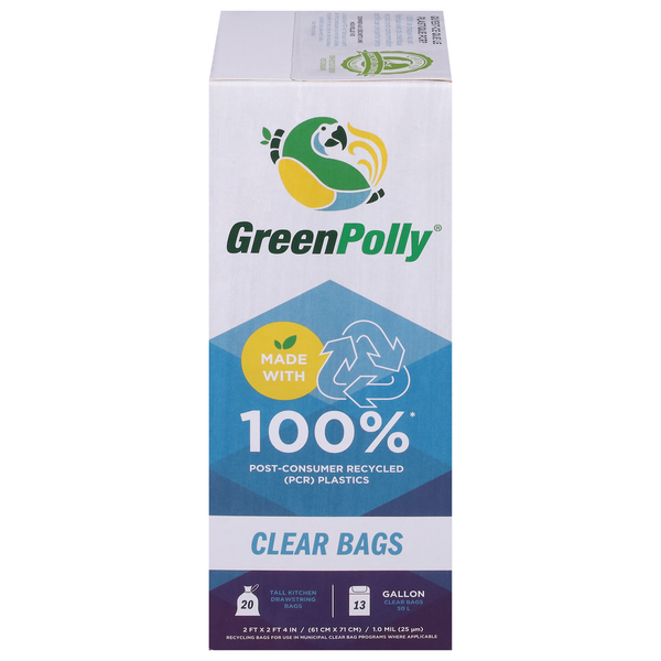 GreenPolly Clear Bags, Tall Kitchen, Drawstring, 13 Gallon hero