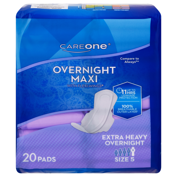 Feminine Care CareOne Pads, with Flexi-Wings, Overnight Maxi, Extra Heavy hero