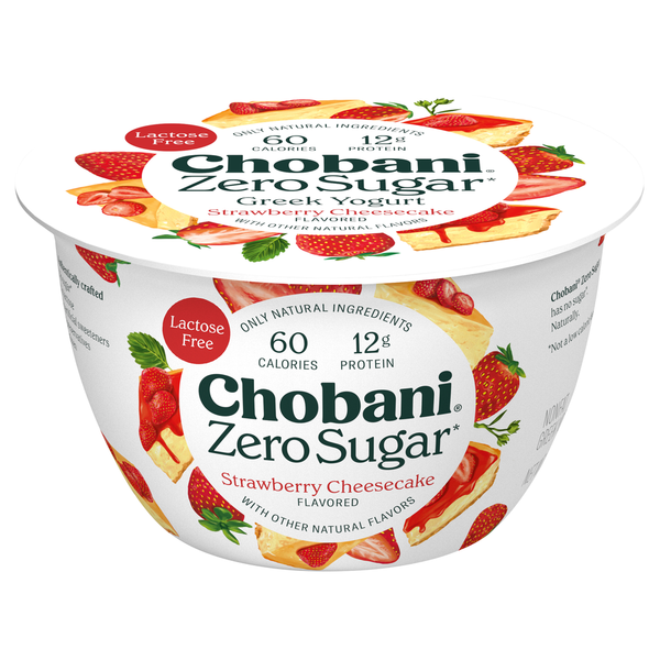 Chobani Yogurt, Greek, Nonfat, Zero Sugar, Strawberry Cheesecake Flavored hero