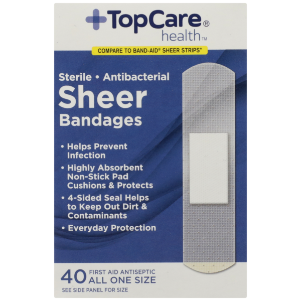 First Aid TopCare Antibacterial First Aid Antiseptic All One Size Bandages, Sheer hero