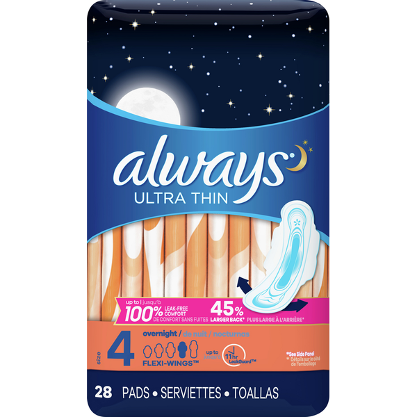 Feminine Care Always Pads, Ultra Thin, Flexi-Wings, Overnight, Size 4 hero