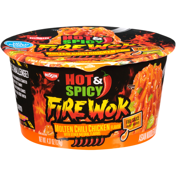 Nissin Hot & Spicy Fire Wok Molten Chili Chicken Flavor Stir Fry Asian Noodles in Sauce hero