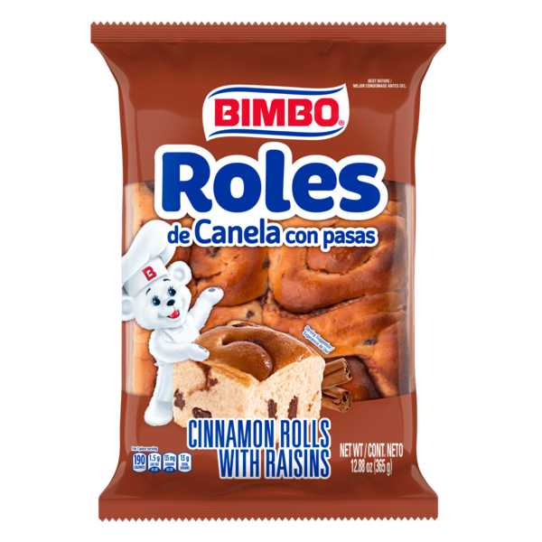 Latino Foods Bimbo  Roles de Canela con Pasas, 6 count, Cinnamon Rolls with Raisins hero