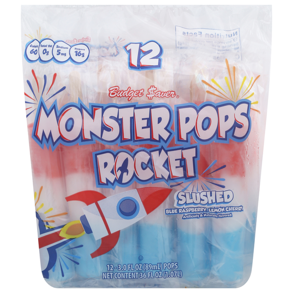 Budget Saver Monster Pops Rocket, Blue Raspberry, Lemon, Cherry, Slushed hero