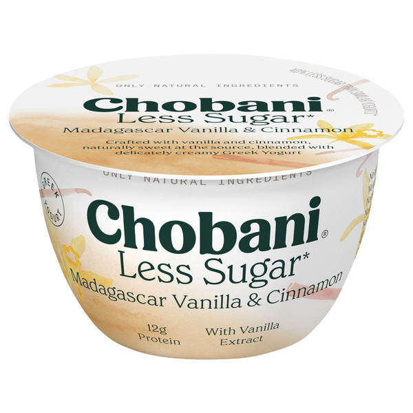 Yogurt, Kefir & Smoothies Chobani Yogurt, Greek, Less Sugar, Reduced Fat, Madagascar Vanilla & Cinnamon hero