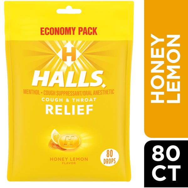 Cold, Flu & Allergy Halls Relief Honey Lemon Cough Suppressant/Oral Anesthetic Menthol Drops hero