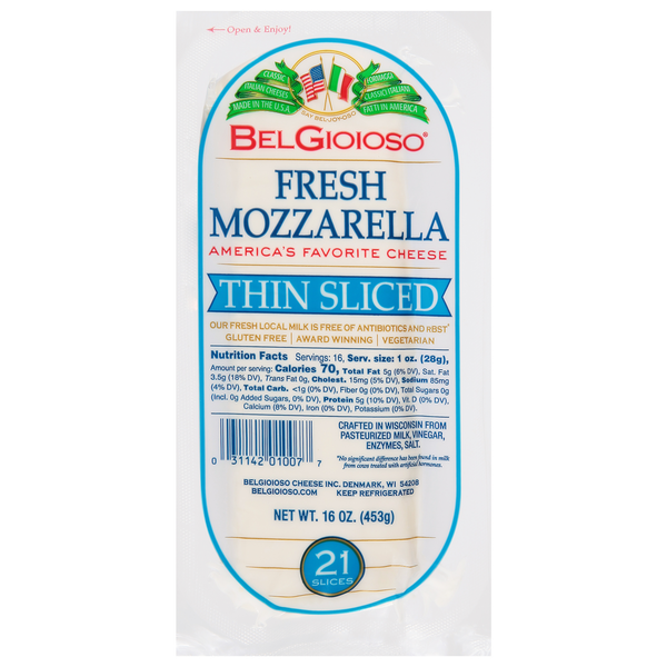 Specialty Cheeses BelGioioso Thin Sliced Fresh Mozzarella Cheese, Log, 21 slices hero