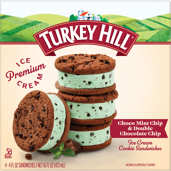 Ice Cream & Ice Turkey Hill Ice Cream Cookie Sandwiches, Choco Mint Chip & Double Chocolate Chip hero