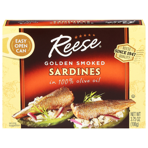 Canned Meat & Seafood Reese's Sardines, in 100% Olive Oil, Golden Smoked hero