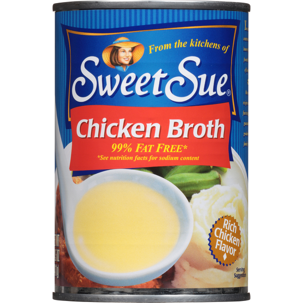 Holiday Items Sweet Sue 99% Fat Free Chicken Broth hero