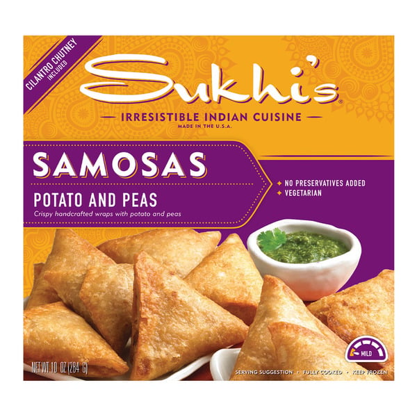 Frozen Appetizers & Sides Sukhi's Indian Potato & Pea Vegetarian Samosa Appetizer w/ Cilantro Chutney hero