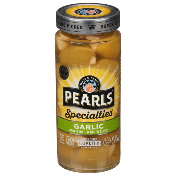 Pickles, Peppers & Olives Pearls Specialties Garlic Stuffed Queen Olives hero