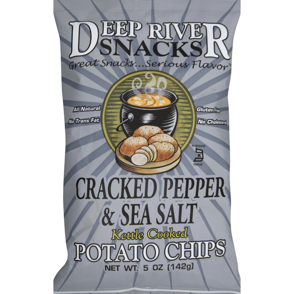 Chips & Pretzels Deep River Snacks Potato Chips, Kettle Cooked, Cracked Pepper & Sea Salt hero