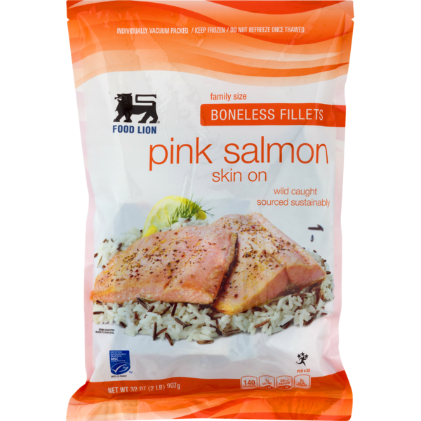 Frozen Fish Food Lion Pink Salmon, Skin On, Boneless Fillets, Bag hero