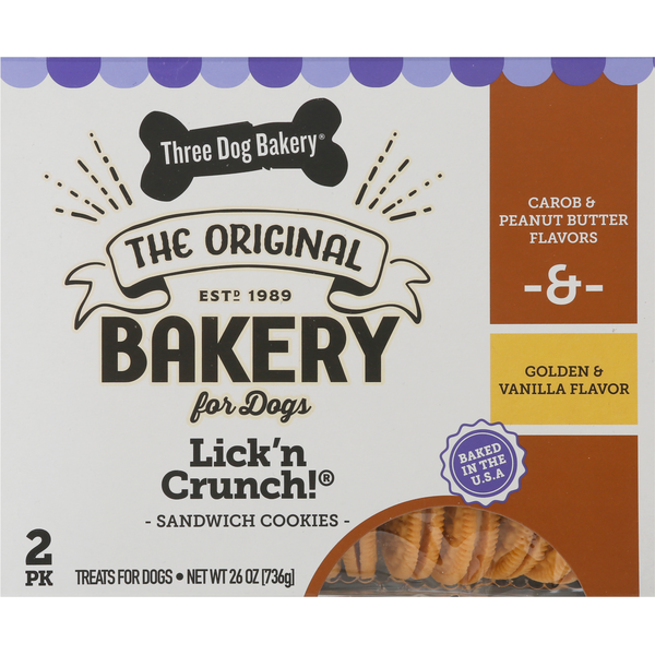 Cookies & Cakes Three Dog Bakery Dog Treats, Carob & Peanut Butter Flavors/Golden & Vanilla Flavor, Sandwich Cookies, 2 Pack hero