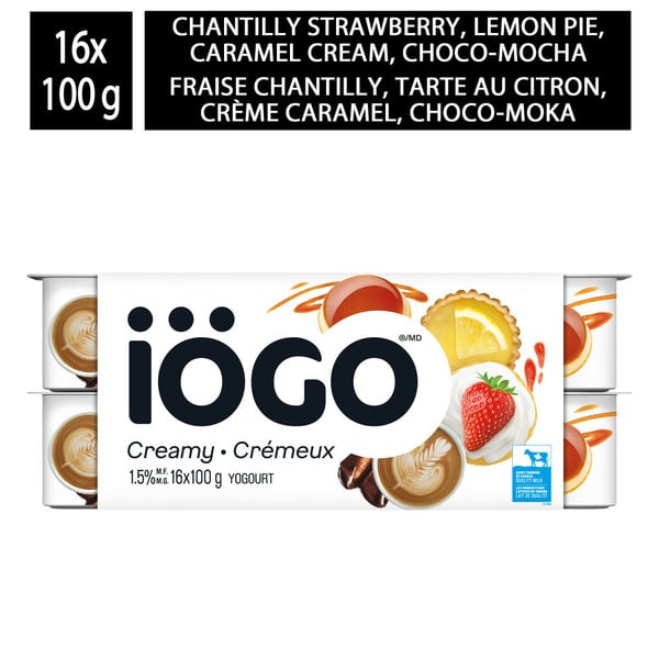 Yogurt iÖGO 1.5% Strawberry Chantilly, Lemon Pie, Crème Caramel, Choco-Moka Yogurt hero