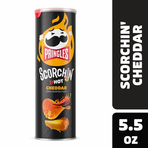 Chips & Pretzels Pringles Scorchin' Potato Crisps Chips, Spicy Snacks, On-the-Go Snacks, Cheddar hero