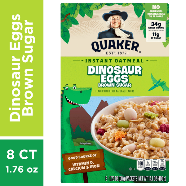 Hot Cereal & Pancake Mixes Quaker Oatmeal, Instant, Dinosaur Egg Brown Sugar hero