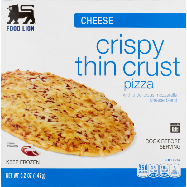 Frozen Pizza Food Lion Pizza, Thin Crust, Crispy, Cheese, Box hero