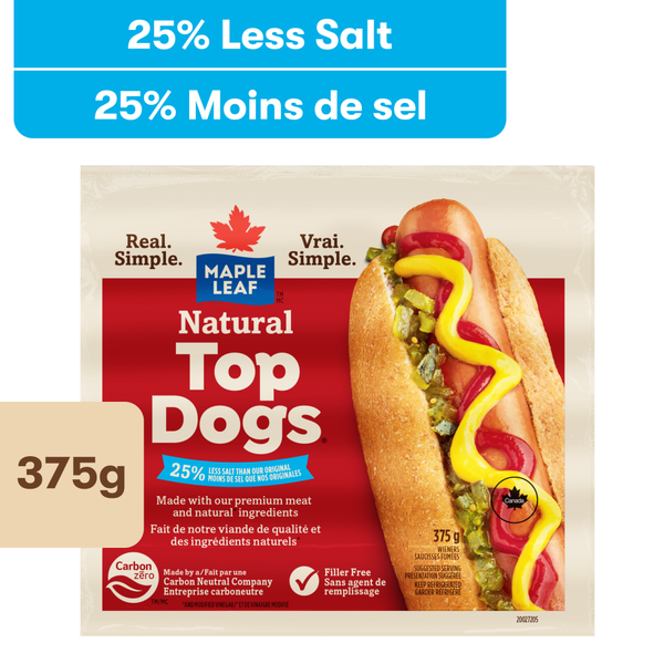 Hot Dogs, Bacon & Sausage Maple Leaf Natural Top Dogs Less Salt Hot Dogs hero