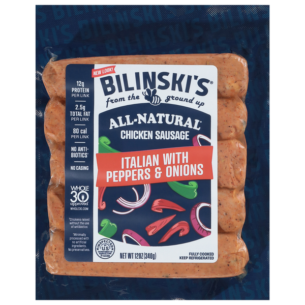 Hot Dogs, Bacon & Sausage Bilinski's Mild Italian Style Peppers & Onions Chicken Sausage hero