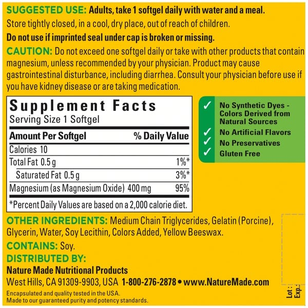 Nature Made Magnesium 400 mg Softgels, 180 count