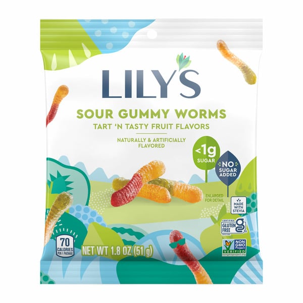 Lily's Assorted Fruit Flavored No Sugar Added Sour Gummy Worms hero