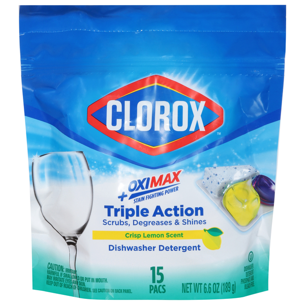 Dish Detergents Clorox Dishwasher Detergent, Crisp Lemon Scent, Triple Action, Pacs hero