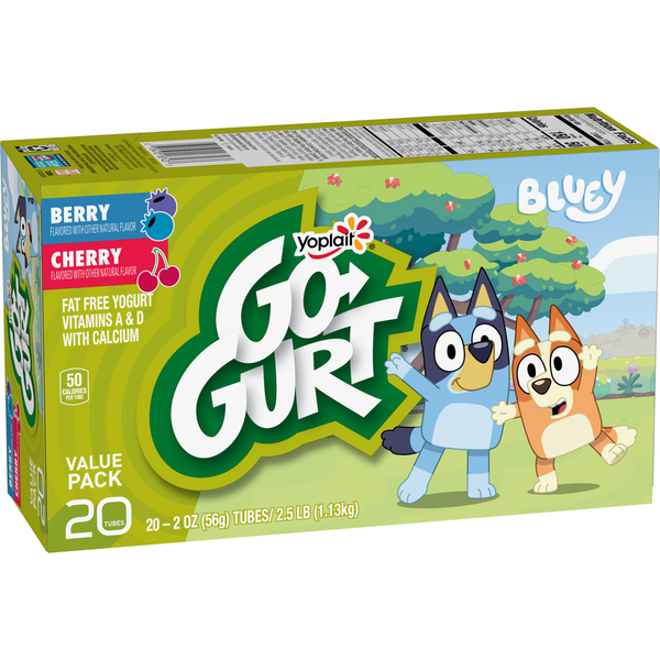 Yogurt Yoplait Go-GURT Bluey Berry and Cherry Kids Fat Free Yogurt Snack Tubes hero