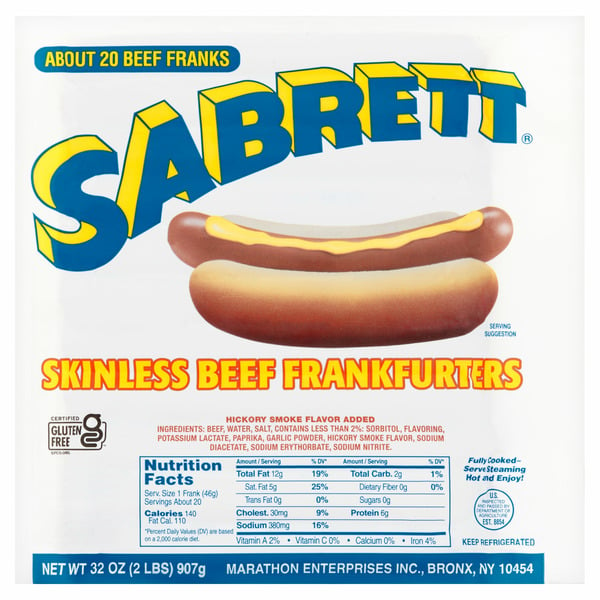 Hot Dogs, Bacon & Sausage Sabrett Skinless Beef Frankfurters hero