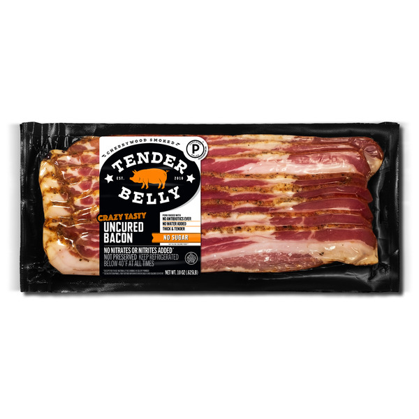 Hot Dogs, Bacon & Sausage Tender Belly Thick Cut Bacon, No Sugar, Uncured, Dry Rubbed hero