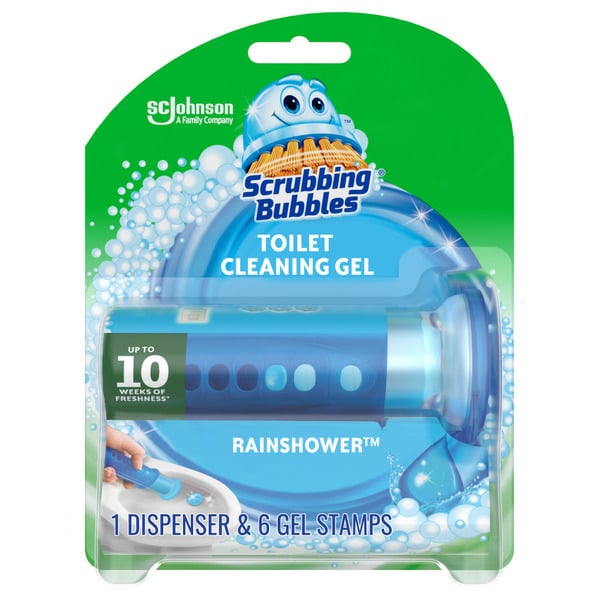 Cleaning Products Scrubbing Bubbles Fresh Gel Toilet Cleaning Stamp Dispenser with 6 Gel Stamps, Rainshower Scent hero