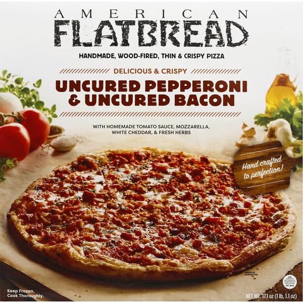 Frozen Pizza American Flatbread Pizza, Uncured Pepperoni & Uncured Bacon, Delicious & Crispy hero