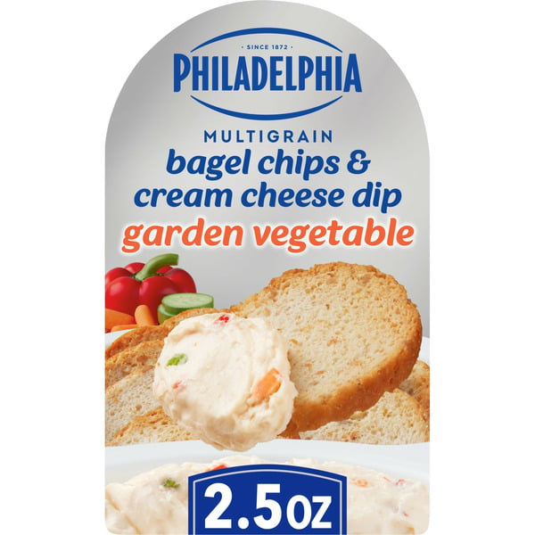 Breakfast Bakery Philadelphia Multigrain Bagel Chips & Garden Vegetable Cream Cheese Dip Snack hero