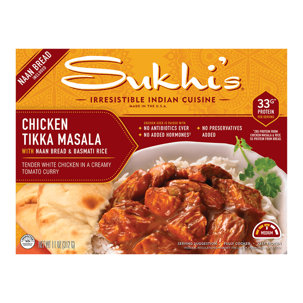 Frozen Meals Sukhi's Indian Chicken Tikka Masala w/ Naan Flatbread  Basmati Rice Frozen Meal hero