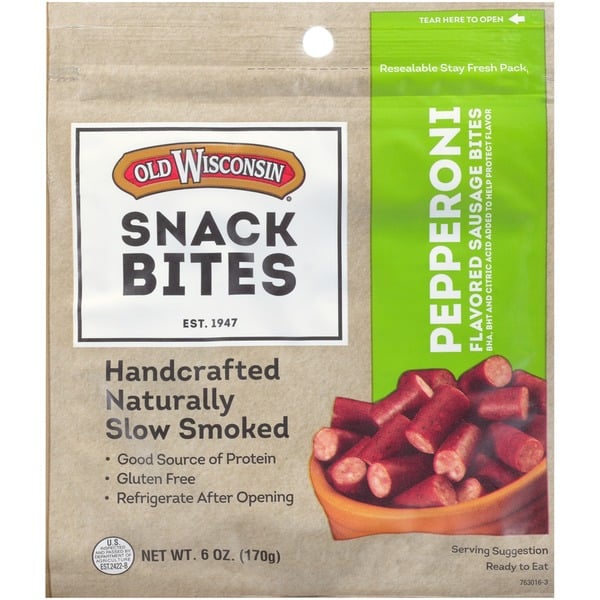 Popcorn & Jerky Old Wisconsin Pepperoni Flavored Sausage Bites hero