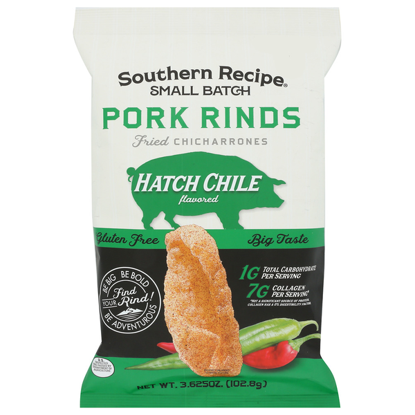 Chips & Pretzels Southern Recipe Small Batch Pork Rinds Hatch Chili hero