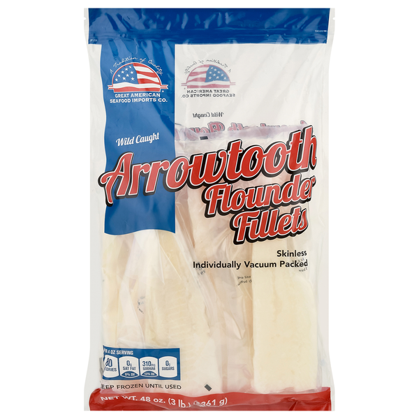 Frozen Meat & Seafood Great American Seafood Fillets, Arrowtooth Flounder, Wild Caught hero