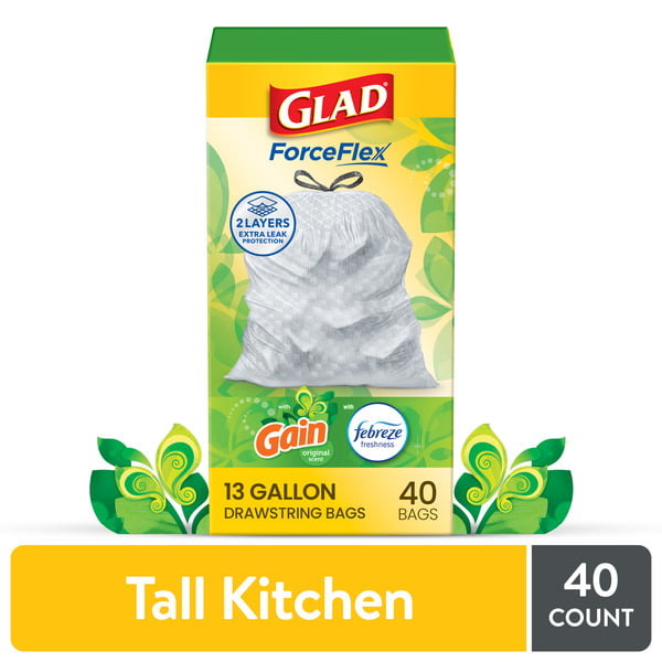 Trash Bags & Liners Glad Kitchen Bags, Tall, Drawstring, Gain Original Scent, 13 Gallon hero