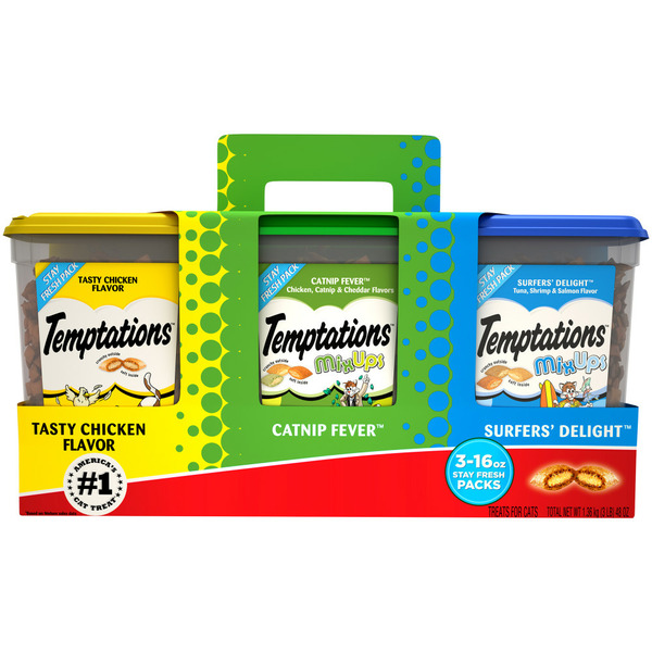 Cat Food & Care TEMPTATIONS Classic & MixUps Cat Treats Variety Pack Chicken Catnip Fever & Surfers' Delight hero