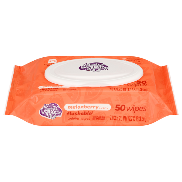 Diapers & Wipes Always My Baby Toddler Wipes, Flushable, Melonberry hero