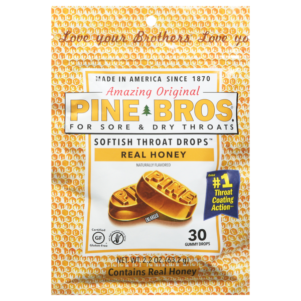 Cold, Flu & Allergy Pine Bros Throat Drops, Softish, Gummy Drops, Real Honey hero