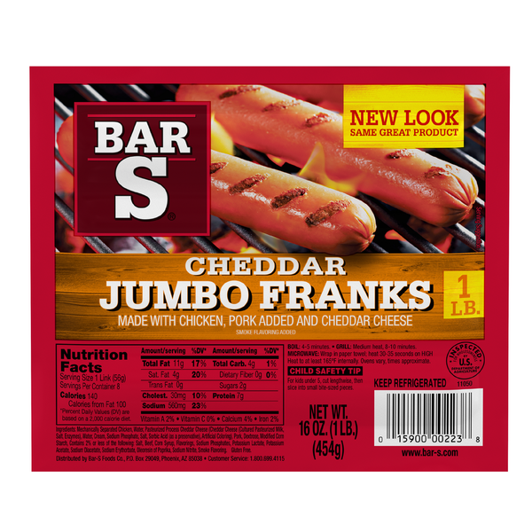 Hot Dogs, Bacon & Sausage Bar-S Cheddar Jumbo Franks Hot Dogs hero