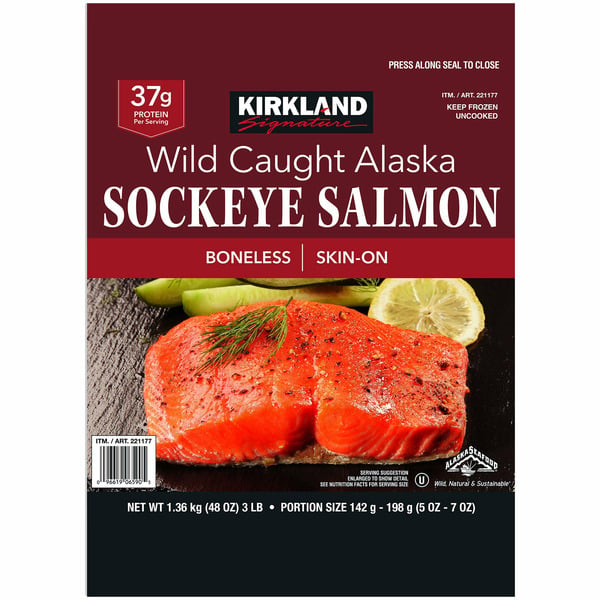 Frozen Meat & Seafood Kirkland Signature Kirkland Signature Wild Alaskan Sockeye Salmon, 5 oz - 7 oz Portion, 3 lbs hero